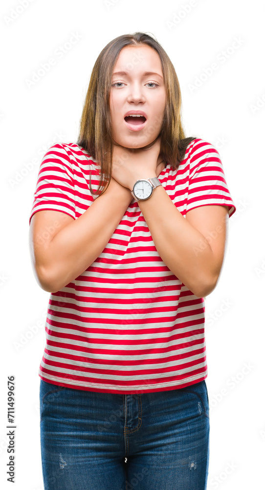 Young caucasian beautiful woman over isolated background shouting and suffocate because painful strangle. Health problem. Asphyxiate and suicide concept. Young caucasian beautiful woman over isolated background shouting and suffocate because painful strangle. Health problem. Asphyxiate and suicide concept.