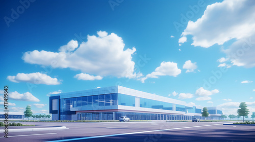 Futuristic Workspace: Large Office Building in Pristine Condition Under a Fair Blue Sky