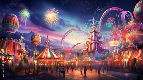 Vibrant fairground with dazzling lights, spinning rides, and a joyful atmosphere - Generative AI