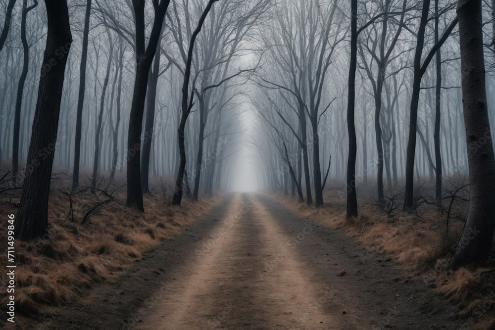 A dirt path that proceeds to the horizon through a forest of dry trees, dark and gloomy atmosphere - Concept for loneliness and depression A dirt path that proceeds to the horizon through a forest of dry trees, dark and gloomy atmosphere - Concept for loneliness and depression