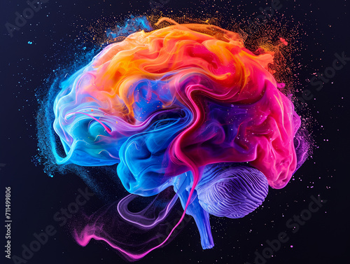 A shape of human brain created from smooth delicate liquid smoke, smooth airy, vivid rainbow color 