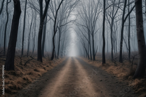A dirt path that proceeds to the horizon through a forest of dry trees, dark and gloomy atmosphere - Concept for loneliness and depression photo