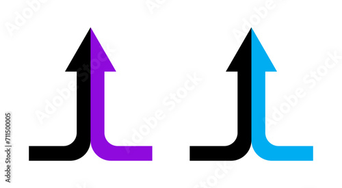 Two arrows merging into one icon set. Two arrows junction together vector symbol in a black filled and outlined style. Vertical two arrows unite sign.