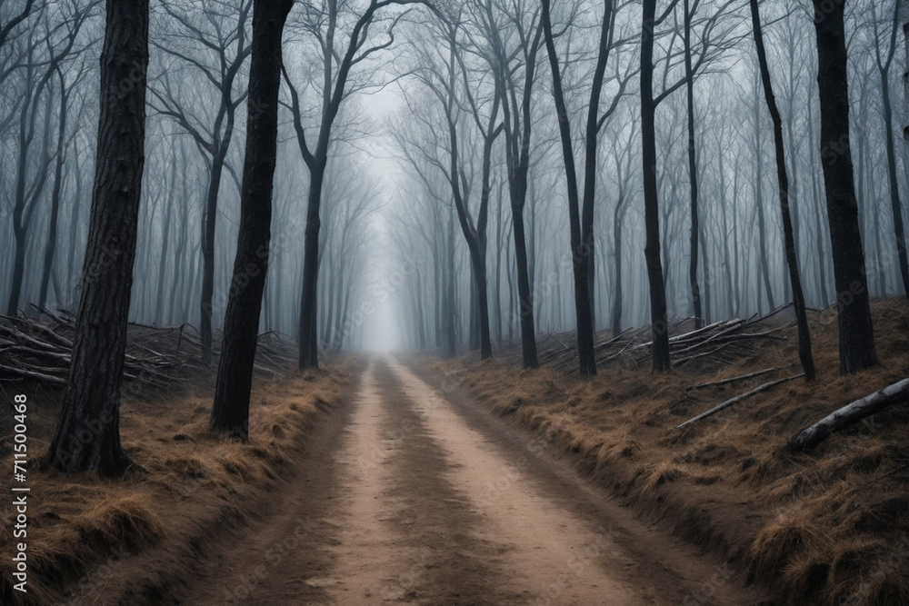 Obraz premium A dirt path that proceeds to the horizon through a forest of dry trees, dark and gloomy atmosphere - Concept for loneliness and depression