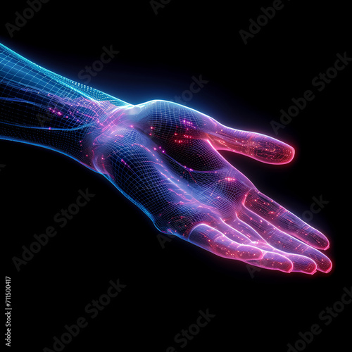 A futuristic bionic hand with wireframe and digital data flowing  palm up  accepting new AI technology concept 