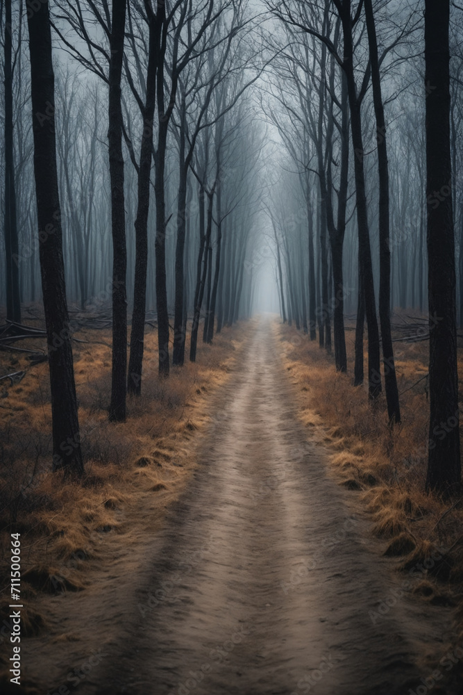 A dirt path that proceeds to the horizon through a forest of dry trees, dark and gloomy atmosphere - Concept for loneliness and depression A dirt path that proceeds to the horizon through a forest of dry trees, dark and gloomy atmosphere - Concept for loneliness and depression