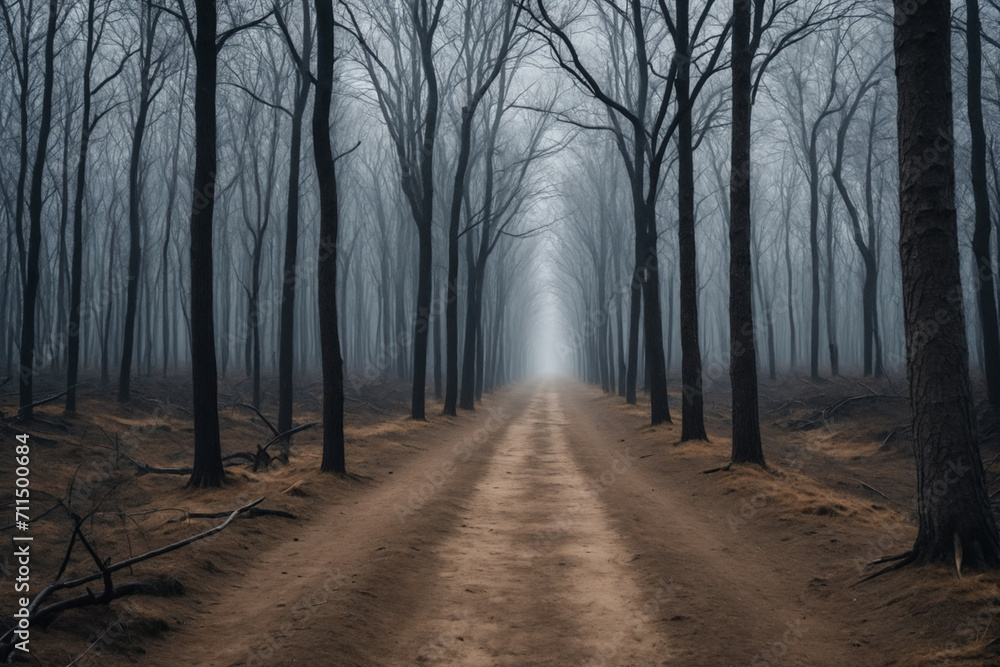 A dirt path that proceeds to the horizon through a forest of dry trees, dark and gloomy atmosphere - Concept for loneliness and depression A dirt path that proceeds to the horizon through a forest of dry trees, dark and gloomy atmosphere - Concept for loneliness and depression