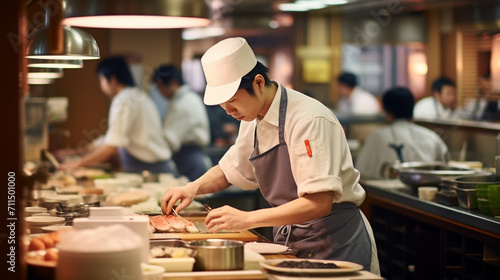 Kinetic Harmony: The Bustle of a Busy Japanese Restaurant Captures Staff in Motion