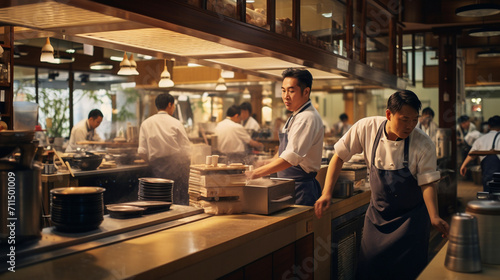 Kinetic Harmony: The Bustle of a Busy Japanese Restaurant Captures Staff in Motion