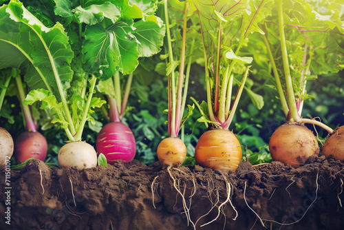 Fresh turnips in soil, showcasing the beauty of root vegetables photo