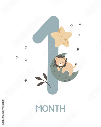 Baby milestone card. Cartoon lion, number, hand drawing lettering, decor elements. Colorful vector illustration, flat style. design for greeting cards, print, poster