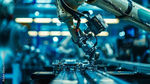 Robotic arm working on assembly line in factory, industry 4.0 concept. Robotic arm assembling intricate parts in a high-tech factory. 