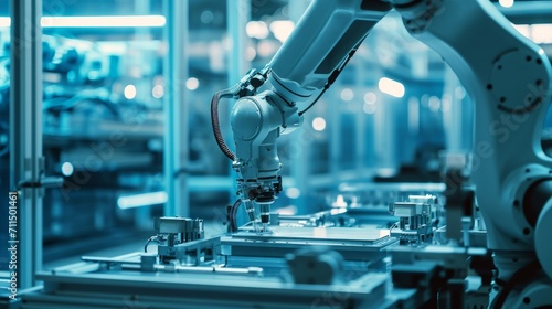 Robotic arm working on assembly line in factory, industry 4.0 concept. Robotic arm assembling intricate parts in a high-tech factory. 