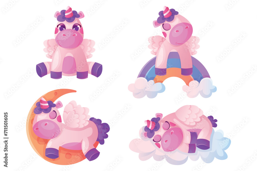Naklejka premium Set of cute magic unicorns with twisted horn, mane. Pony fairy tale and fictional character. Baby rainbow pegasus, funny small unicorn. Wonderland, fairytale mascot, magical creature, dream horse