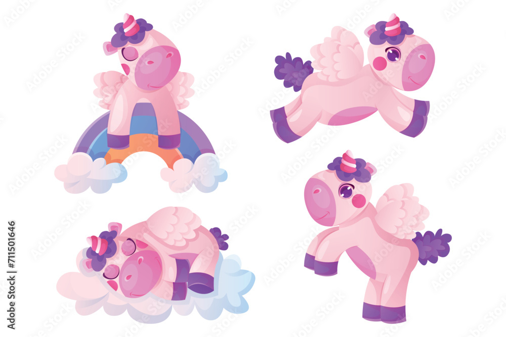Set of cute magic unicorns with twisted horn, mane. Pony fairy tale and fictional character. Baby rainbow pegasus, funny small unicorn. Wonderland, fairytale mascot, magical creature, dream horse Set of cute magic unicorns with twisted horn, mane. Pony fairy tale and fictional character. Baby rainbow pegasus, funny small unicorn. Wonderland, fairytale mascot, magical creature, dream horse