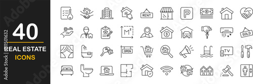 Real Estate web icons set. Real Estate - simple thin line icons collection. Containing property, buying, mortgage, home loan, house, renting and more. Simple web icons set