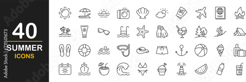 Summer web icons set. Summer season - simple thin line icons collection. Containing sun, travel, vacation, beach, tourism and more. Simple web icons set
