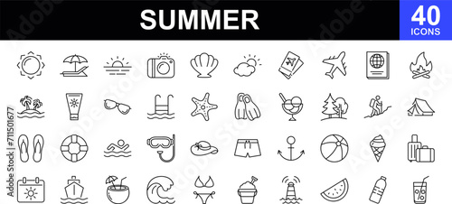 Summer web icons set. Summer season - simple thin line icons collection. Containing sun, travel, vacation, beach, tourism and more. Simple web icons set