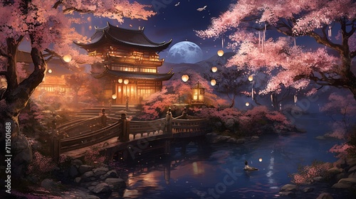 blooming cherry blossoms, lantern-lit trees, moonlit pond, space for celebratory wishes, Japanese-inspired illustration - Generative AI