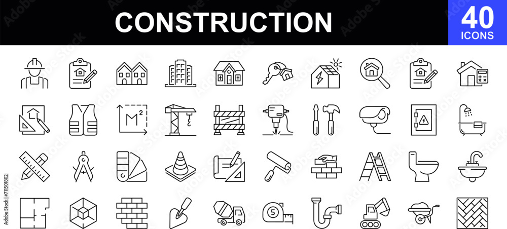 Construction web icons set. Build and construction - simple thin line icons collection. Containing building, crane, engineer, worker, business, road, industry and more. Simple web icons set