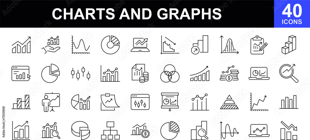 Business graphs and charts web icons set. Statistics and analytics - simple thin line icons collection. Containing data, charts diagram, down or up arrow and more. Simple web icons set
