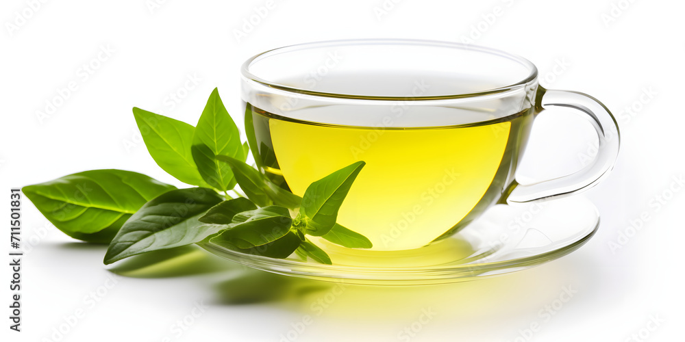 Green Tea Cup with Leaves on a White Background Green Tea Cup with Leaves on a White Background