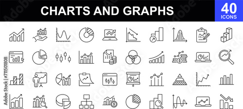 Business graphs and charts web icons set. Statistics and analytics - simple thin line icons collection. Containing data, charts diagram, down or up arrow and more. Simple web icons set