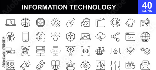 Information Technology web icons set. IT - simple thin line icons collection. Containing technology progress, website, Internet, data, programming and more. Simple web icons set