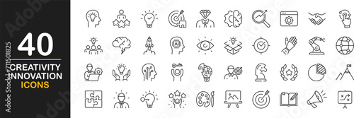 Creativity innovation web icons set. Creativity idea - simple thin line icons collection. Containing creative solutions, management, solution, brainstorming, invention and more. Simple web icons set