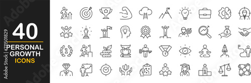 Personal growth web icons set. Growth and success - simple thin line icons collection. Containing career progress, growth profit coaching, business people, tutorship and more. Simple web icons set photo