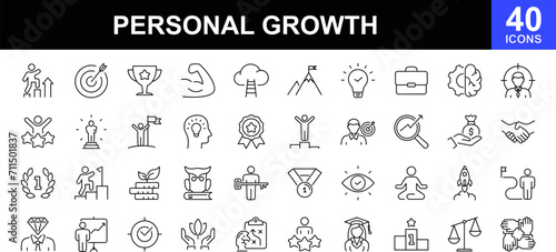 Personal growth web icons set. Growth and success - simple thin line icons collection. Containing career progress, growth profit coaching, business people, tutorship and more. Simple web icons set