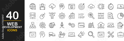 Web development icons set. Web Design and Development - simple thin line icons collection. Containing code, programmer, coding, bug fix and more. Simple web icons set
