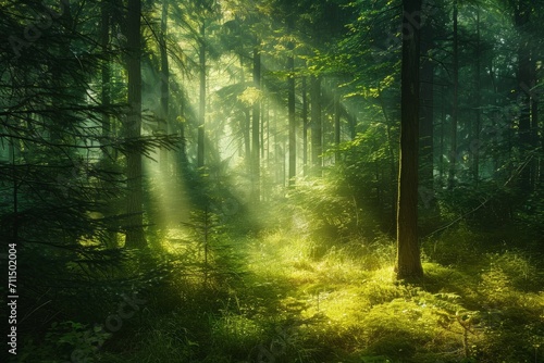Morning in the forest with sunbeams and rays of light. A forest scene with sunlight filtering through the trees, casting a hopeful glow.