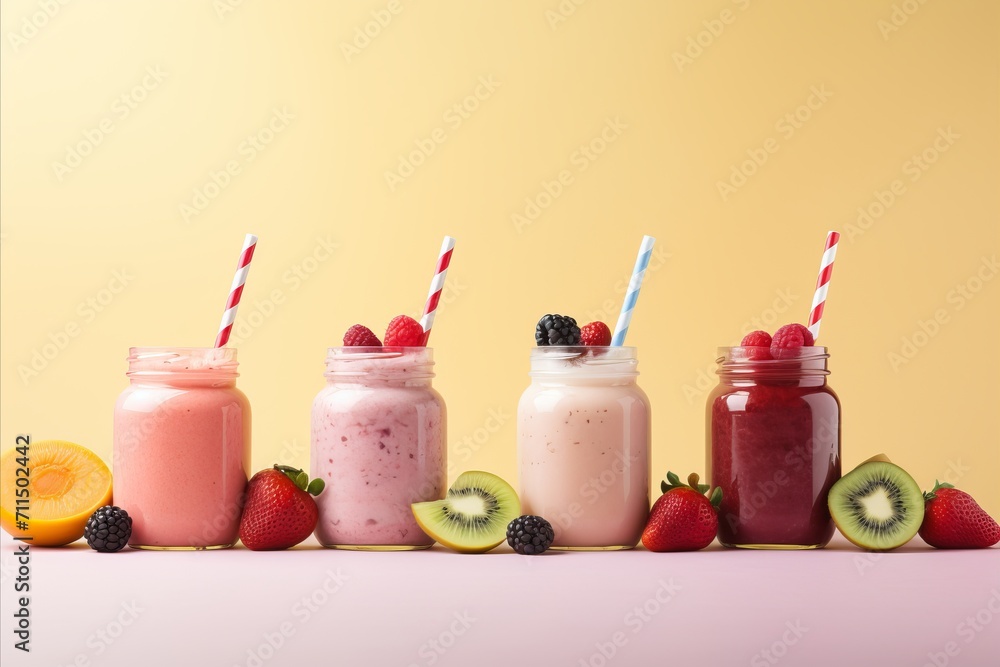 Vibrant fruit smoothies in colorful jars on a pink background - healthy detox and diet concept Vibrant fruit smoothies in colorful jars on a pink background - healthy detox and diet concept