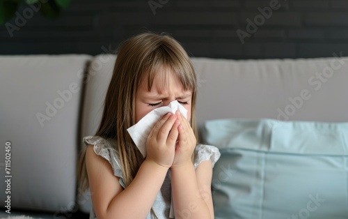 A cute little young sick child girl blowing his nose and coughing
