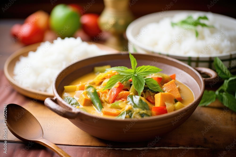 bowl of vegetable kurma with basmati rice garnish