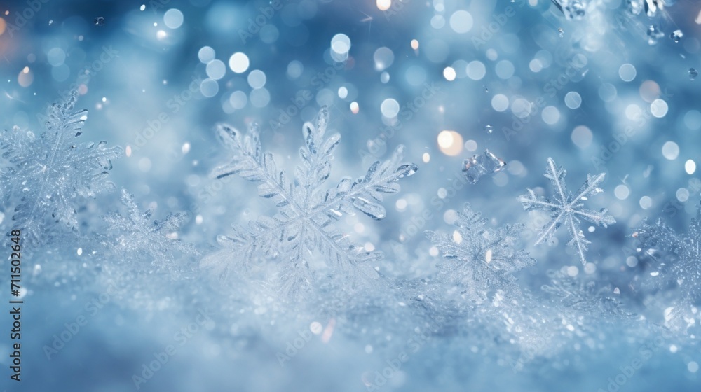 Snowflakes On Snow With Bokeh Of  Lights, Real Snowdrift And Acrylic Crystals - Generative AI