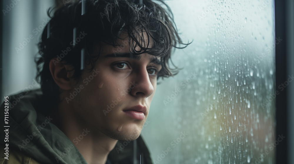 Homem triste olhando pelas janela em um dia chuvoso