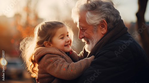 Criança abraçando seu avo em uma tarde ensolarada 