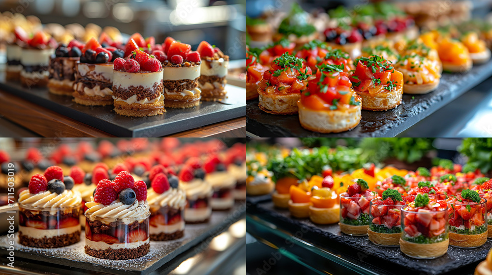 Pastries, mini canapé desserts, delicious desserts, unusual mini desserts for special occasions. Restaurant and homemade food. With berries and nuts.