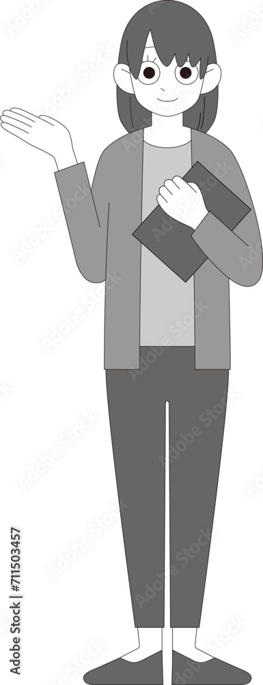 手のひらを向けて説明するラフな格好で働く女性イラスト モノクロ 手のひらを向けて説明するラフな格好で働く女性イラスト モノクロ