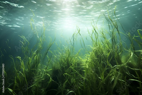 Underwater seagrass sways rhythmically with ocean current. Generative AI