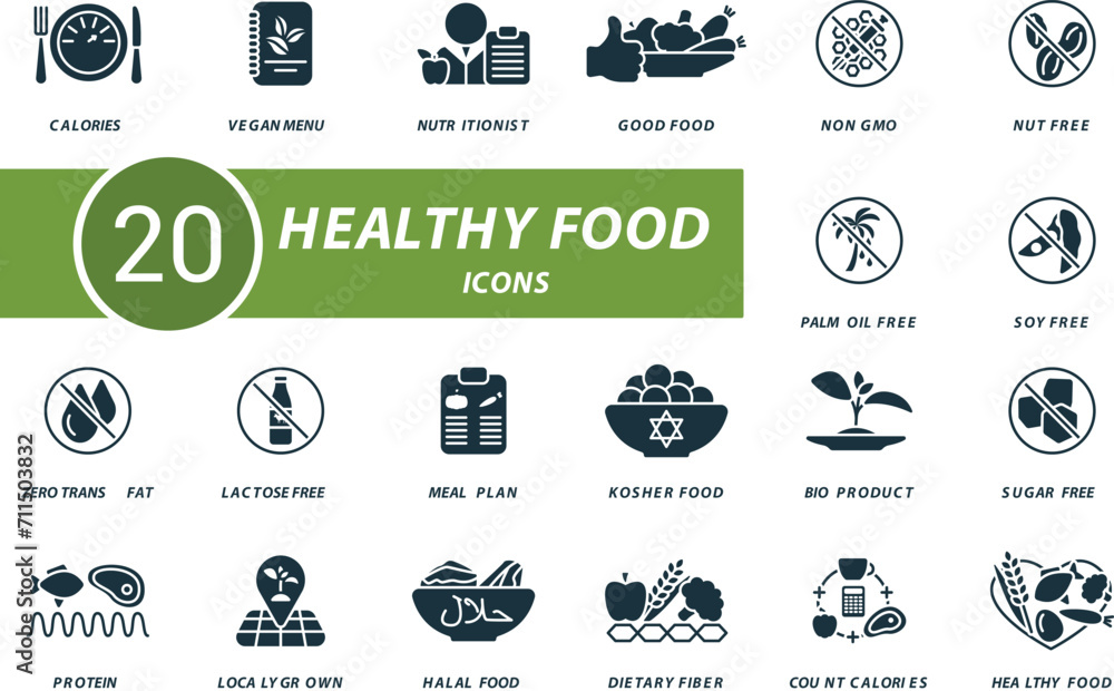 Healthy food icons set. Creative icons: calories, vegan menu, nutritionist, good food, non gmo, nut free, palm oil free, soy free, zero trans fat and more