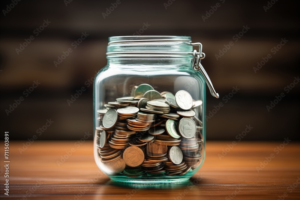 Dollar bills in glass jar on wooden background for saving money and financial planning Dollar bills in glass jar on wooden background for saving money and financial planning
