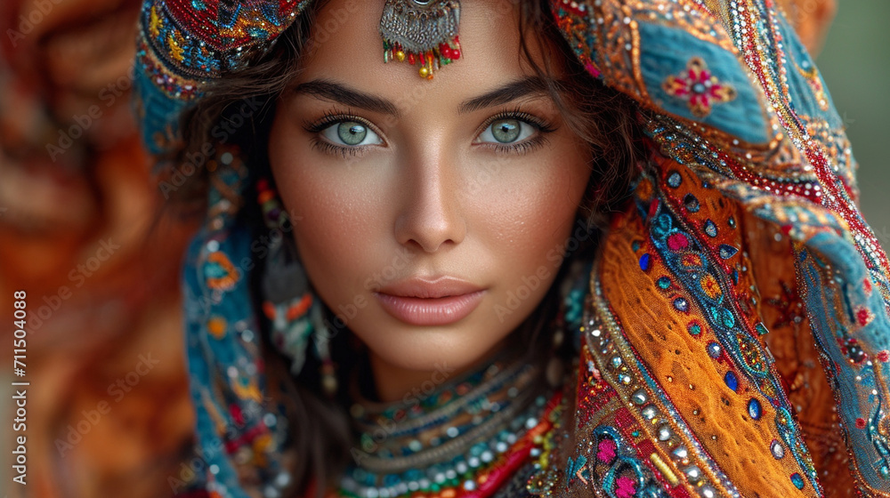 A mesmerizing photograph of a Middle Eastern woman participating in a traditional dance, adorned in vibrant fabrics and jewelry, her graceful movements telling a story of cultural