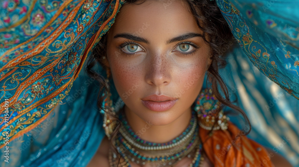 A mesmerizing photograph of a Middle Eastern woman participating in a traditional dance, adorned in vibrant fabrics and jewelry, her graceful movements telling a story of cultural