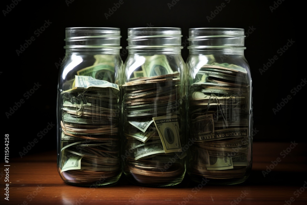 Dollar bills in glass jar on wooden background - money saving and financial management concept Dollar bills in glass jar on wooden background - money saving and financial management concept