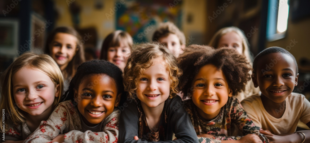 Diverse group of smiling children sitting at desk in classroom, reflecting inclusion and joy in a multicultural educational environment