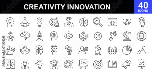 Creativity innovation web icons set. Creativity idea - simple thin line icons collection. Containing creative solutions, management, solution, brainstorming, invention and more. Simple web icons set