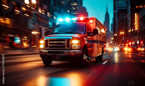 Speeding ambulance on urgent city mission, with lights flashing and siren blaring, rushes through downtown to save lives in a critical emergency situation